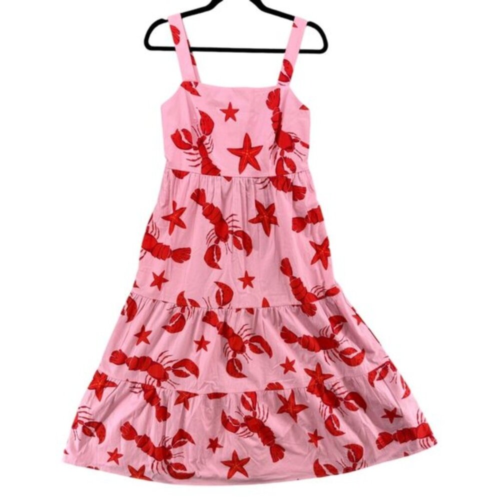 J.CREW Squareneck Midi Dress Pink Red Lobster Starfish Print Sleeveless Size 4